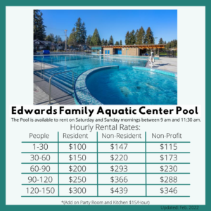 Edwards Family Aquatic Center Pool. The pool is available to rent on Saturdays and Sunday mornings between 9am and 11:30 am. Hourly Rental Rates: People 1-30 Resident $100 Non Resident $147 Non-Profit $115 / People 31-60 Resident $150 Non-Resident $220 Non-Profit $173 / People 61-90 Resident $200 Non-Resident $293 Non-Profit $230 / People 91-120 Resident $250 Non-Resident $366 Non-Profit $288 / People 121-150 Resident $300 Non-Resident $439 Non-Profit $346 / *(Add on Party Room and Kitchen $15/Hour)