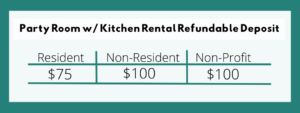 Party Room with Kitchen Rental Refundable Deposit: Resident $75 / Non-Resident $100 / Non-Profit $100