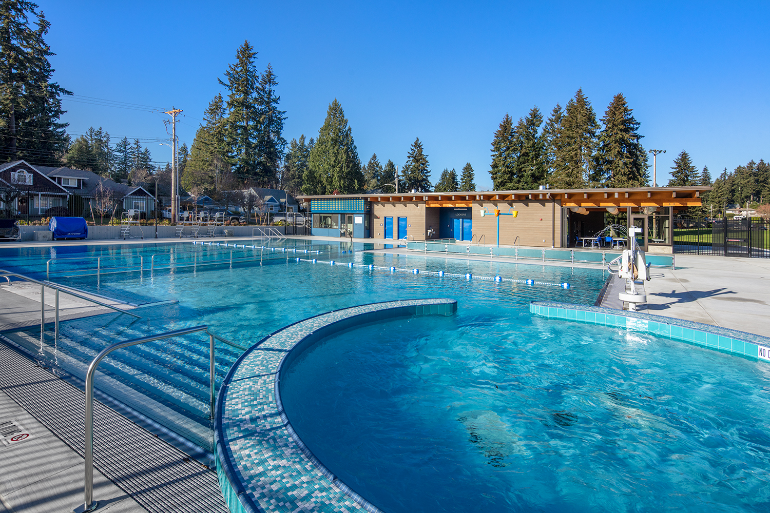 The swimming pool and pool house at the Edwards Family Aquatic Center