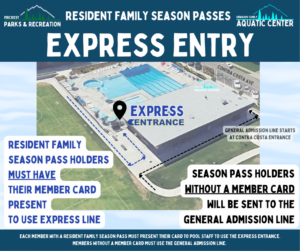 Resident Family Season Passes Express Entry Graphic - Shows the Edwards Family Aquatic Center from with the Express Entrance and line direction going toward the Community Center with text that reads: Resident Family Season Pass holders MUST HAVE their Member Card Present to use Express Line; Season Pass Holders WITHOUT A MEMBER CARD will be sent to the General Admission Line. Each member with a Resident Family season Pass must present their card to pool staff to use the express entrance. Members without a member card must use the General Admission Line.