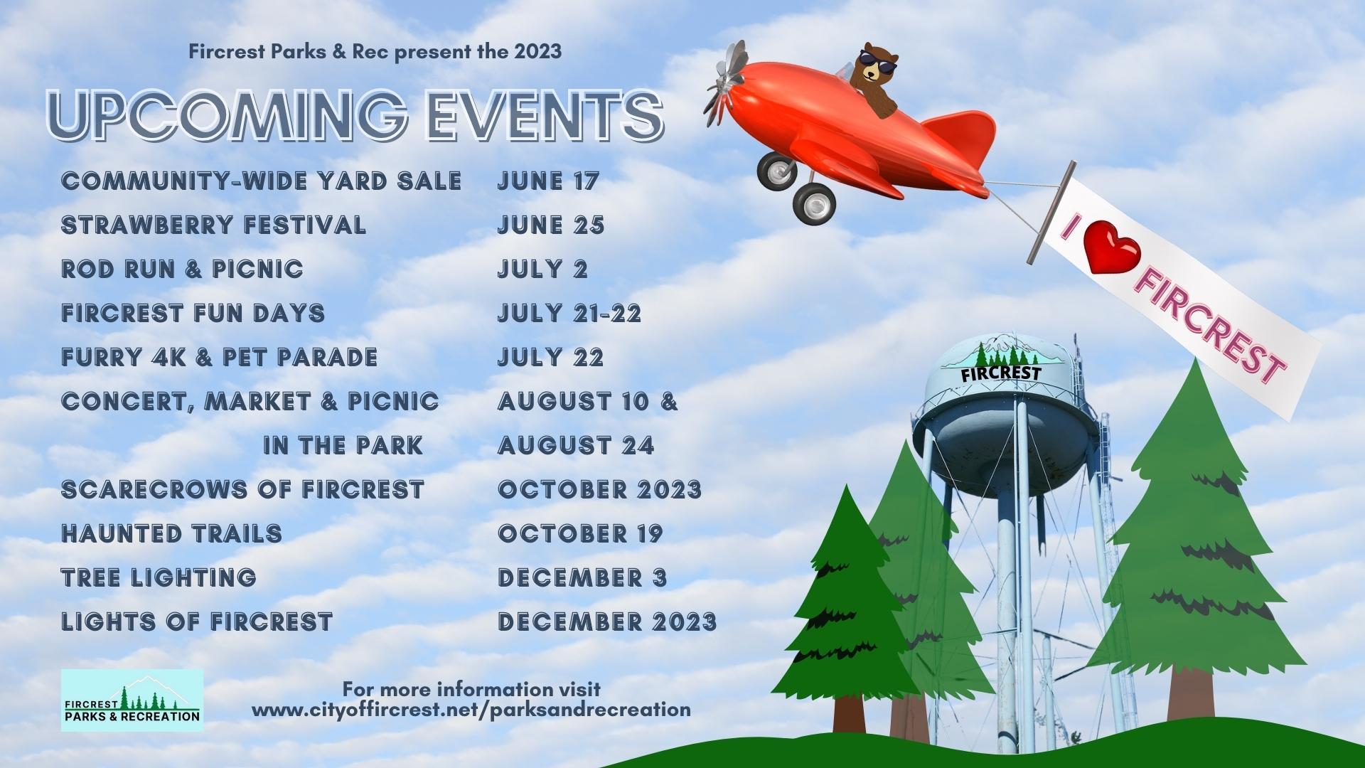 Fircrest Parks & Recreation List of upcoming events graphic