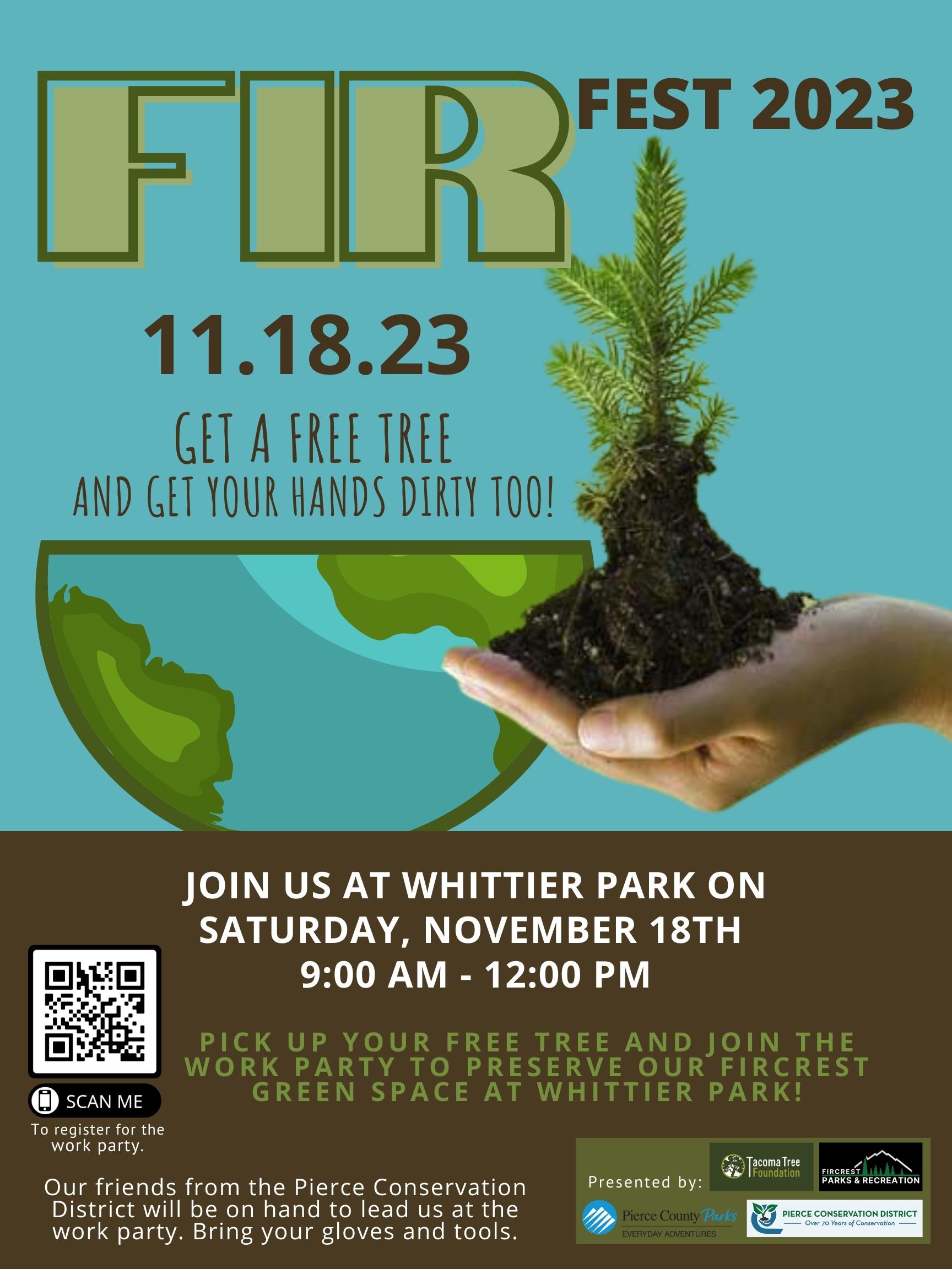 Poster for FIRFest 2023 Hand holding a baby tree with a drawing of the world in the background, QR code and event information.