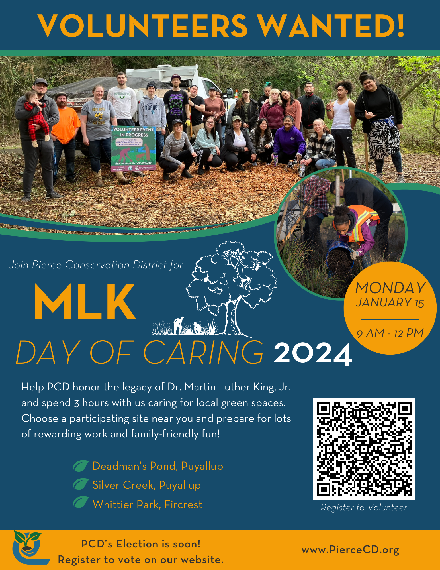 Volunteers wanted! MLK Day of Caring poster with volunteers pictured.