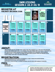 Image version of Swim Lessons Schedule Session 2 Jul 8-Jul 19