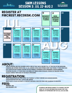 Image version of Swim Lesson Schedule Session 3 Jul 22-Aug 2