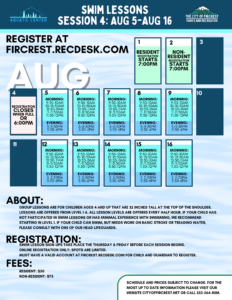 Image version of Swim Lesson Schedule Session 4: Aug 5-Aug 16