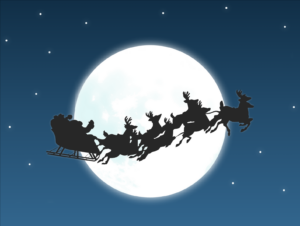 Artwork of Santa in front of the moon.